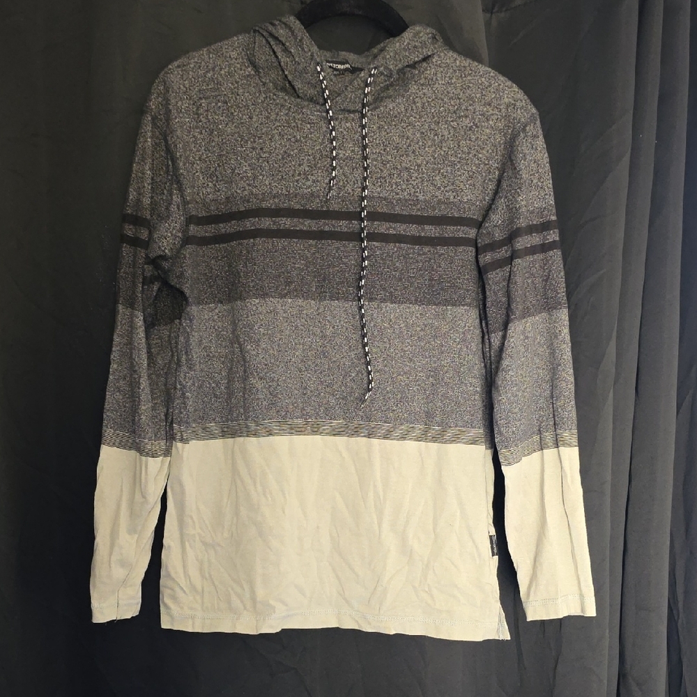 Men's Gray and Cream Hooded Long Sleeve Shirt
